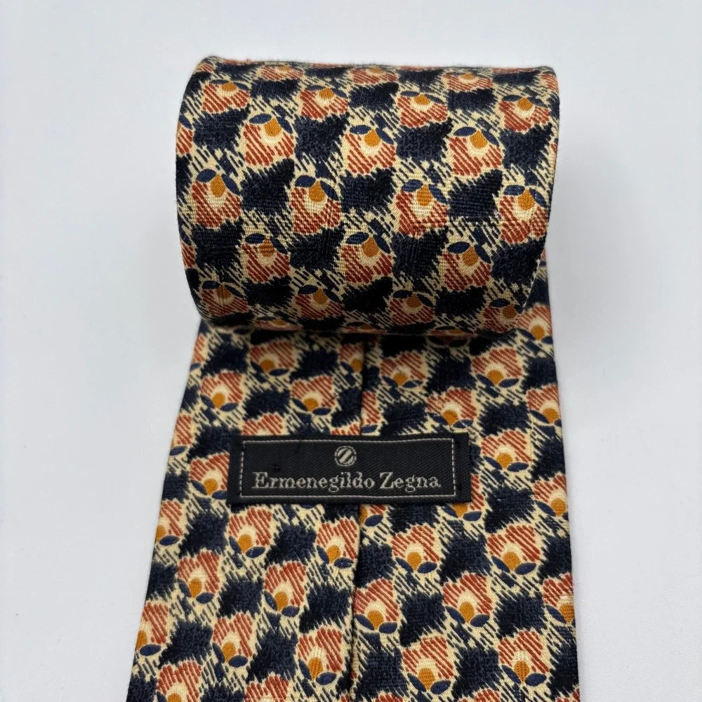 Ermenegildo Zegna Tie Geometric Pattern Floral Blue Orange Gold Exclusive Design